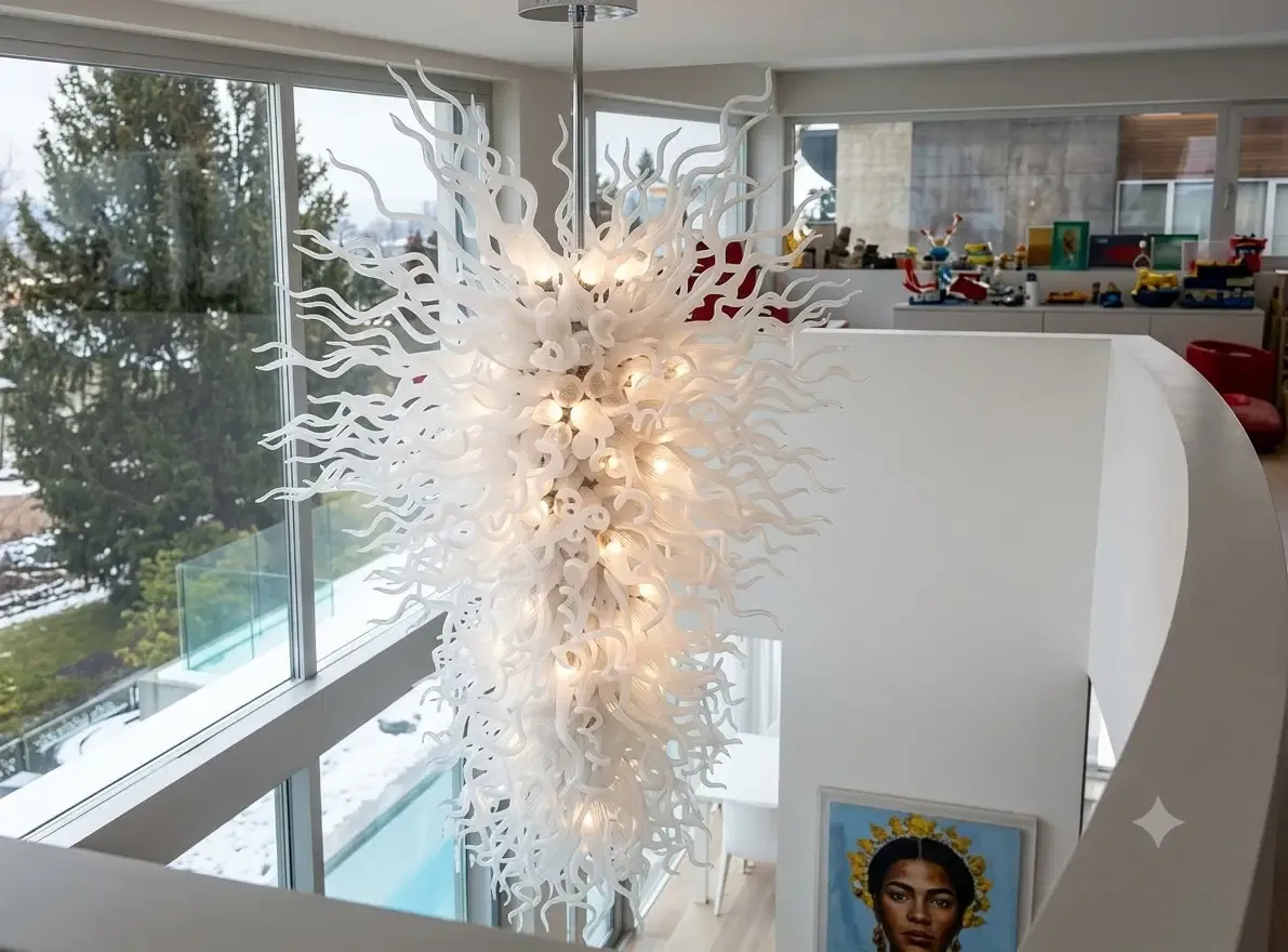 White bespoke glass chandelier in a modern home