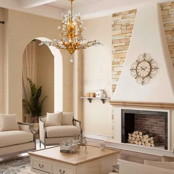 Gold-leaf crystal branch chandelier in a living room