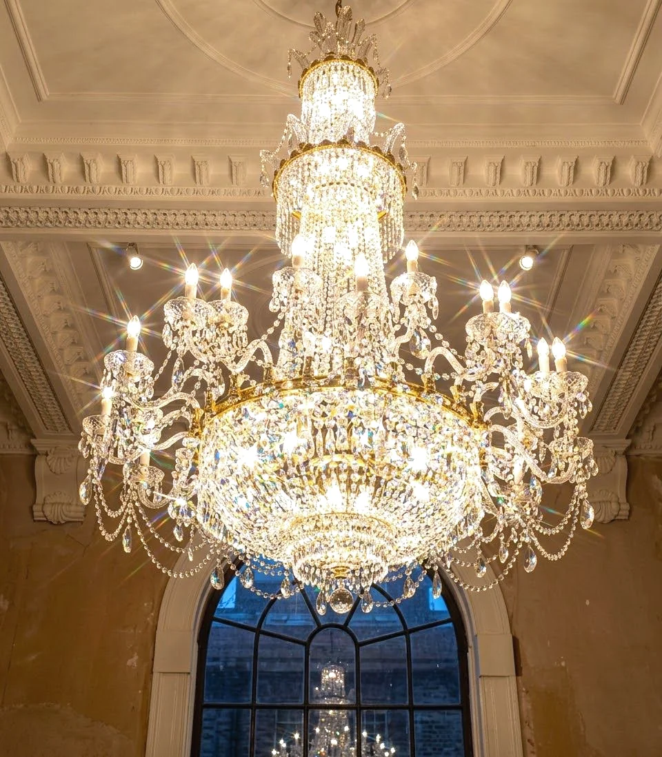 Large ornate gold and crystal chandelier lit beneath an ornate ceiling and arched window