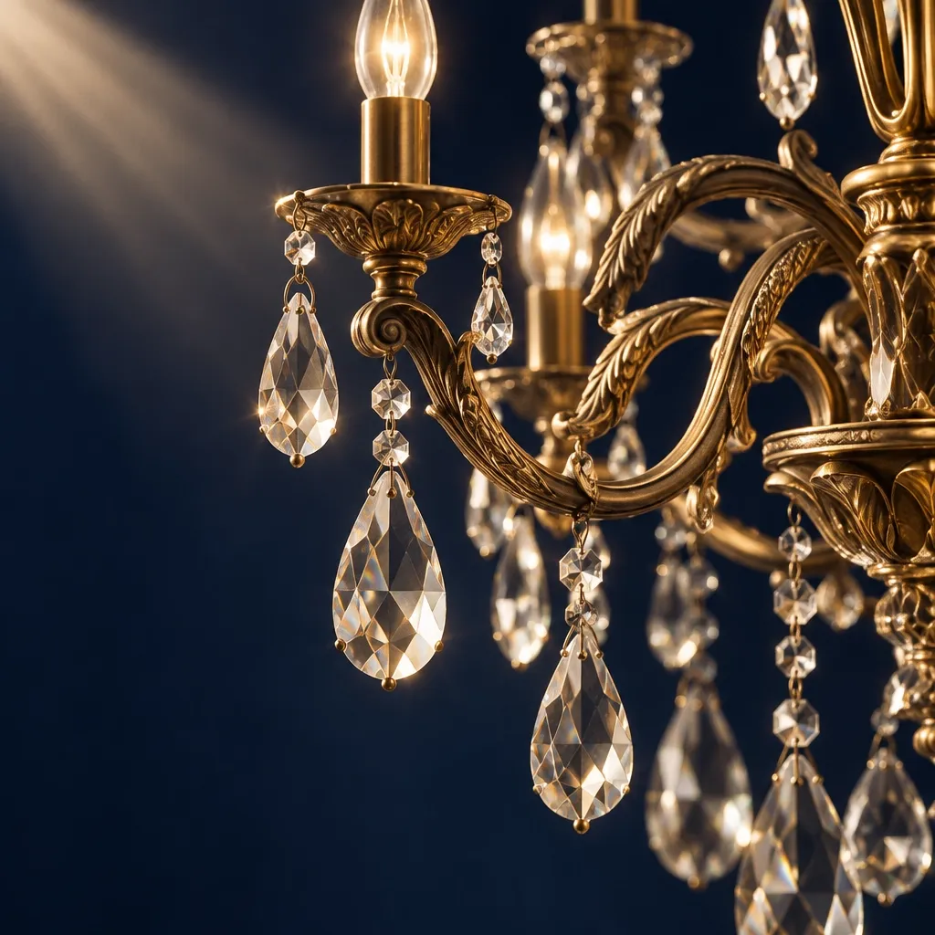 Close detail of crystal drops and antique brass chandelier arms catching the light