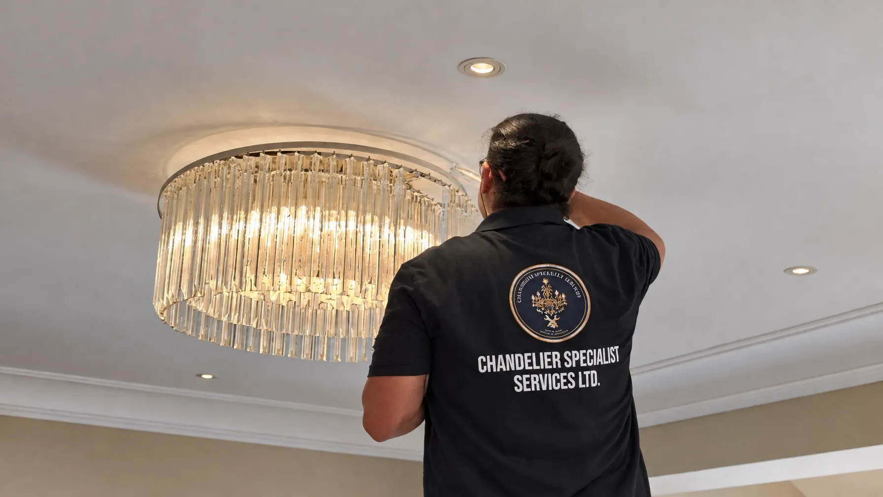 Chandelier specialist working beneath a full circular crystal chandelier, viewed from behind
