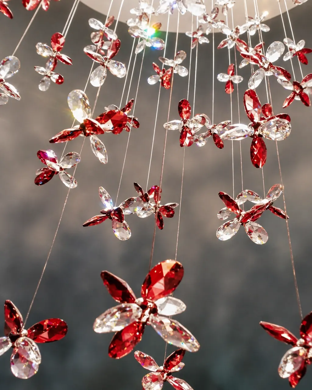 Red and clear crystal flowers suspended from a chandelier
