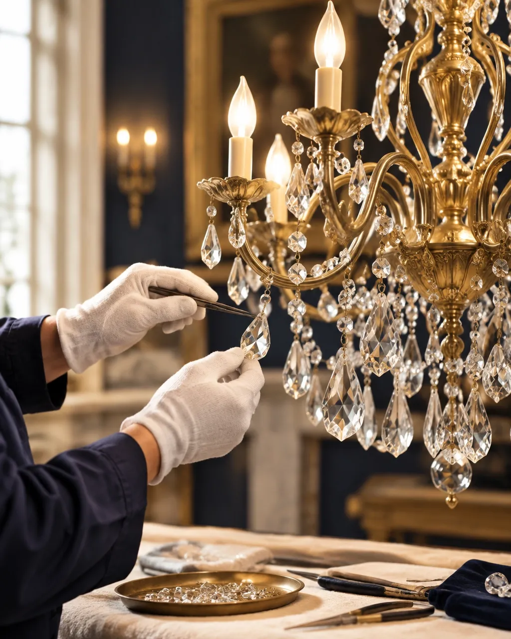 Specialist in white gloves cleaning crystal chandelier arms in a heritage interior