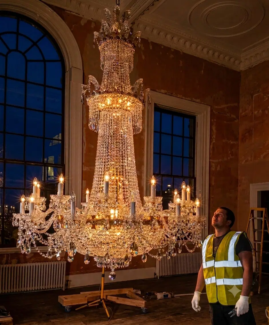 Chandelier specialist wearing white gloves beside a large illuminated crystal chandelier